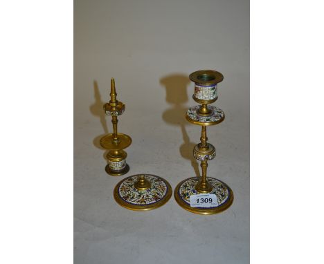 Pair of 19th Century French champlevé enamel decorated candlesticks (one a/f)