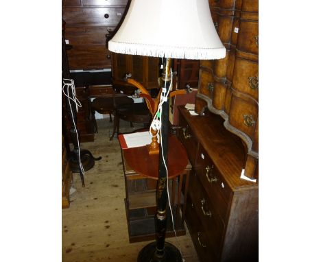 1920's Black chinoiserie decorated standard lamp together with a mahogany framed firescreen inset with machine tapestry