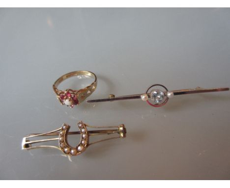 9ct Gold ruby and opal cluster ring and two small bar brooches