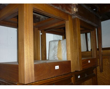 Pair of reproduction square oak lamp tables with glass inset tops