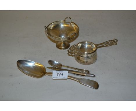 Birmingham silver pedestal trinket dish, Birmingham silver tea strainer and stand, George III silver Fiddle pattern tablespoo