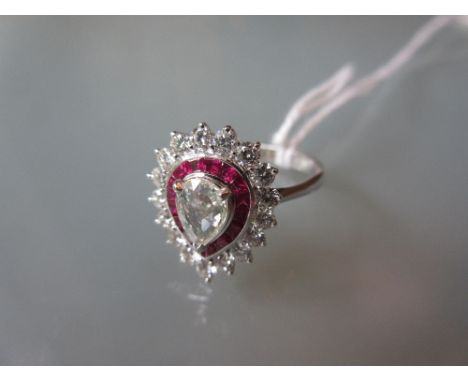 18ct White gold pear shaped diamond and ruby cluster ring