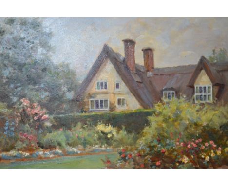 R Payton Reid, signed oil on panel, a summer in bloom, with house beyond, unframed, 10ins x 14ins