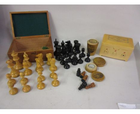 Boxwood and ebony chess set, Mauchline ware compass and beaker and a Bakelite box in the form of a radio