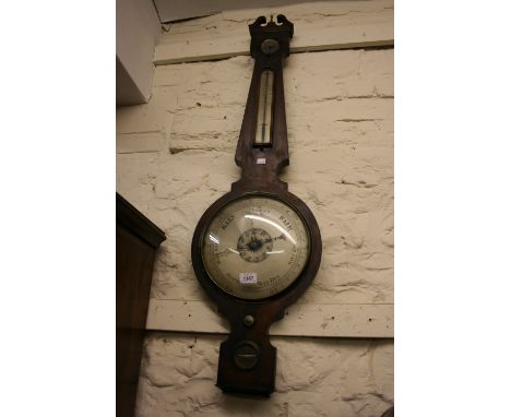 19th Century mahogany banjo shaped wheel barometer with silvered dial (a/f)