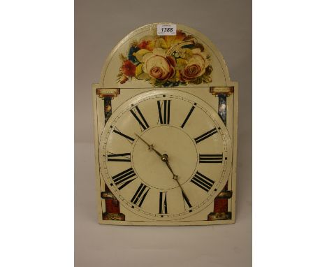 19th Century Continental wall clock with a painted wooden dial, floral arch and Roman numerals