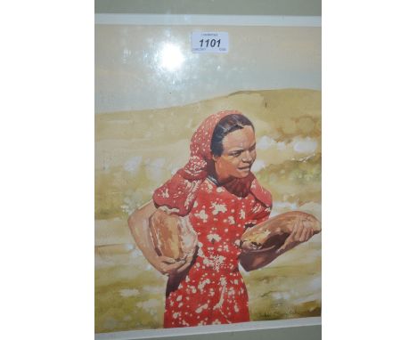 John Beswick, watercolour, woman in a landscape holding bread, 13ins x 10ins, together with an oil on canvas board, landscape