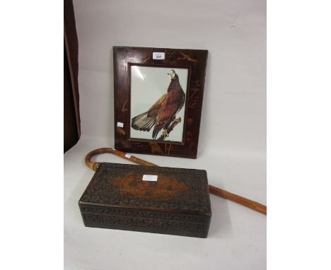 Japanese carved bamboo walking stick, signed, together with a Japanese foil picture of an eagle in a lacquer frame and an ori
