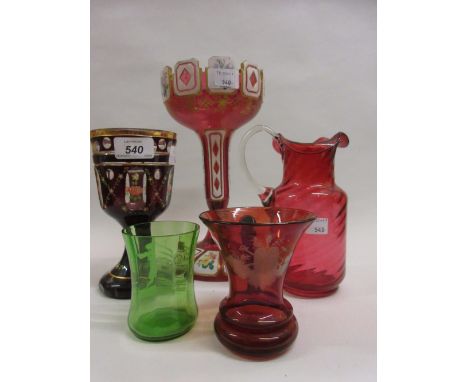 Bohemian red overlay and floral enamel painted goblet, 19th Century white overlay on red glass lustre (a/f), etched red glass