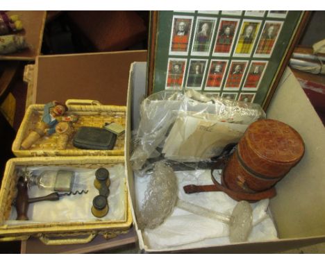 Pewter inlaid tobacco box, two novelty bottle stoppers, corkscrew, framed set of cigarette cards, photographs and other misce