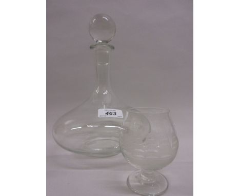 Glass ships decanter with five matching glasses, each engraved with sailing ships