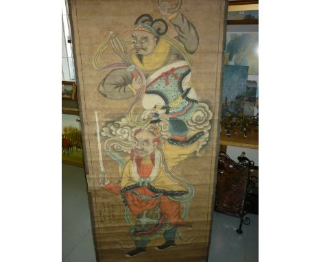 Two large Chinese watercolour scroll pictures, studies of warriors, with inscriptions