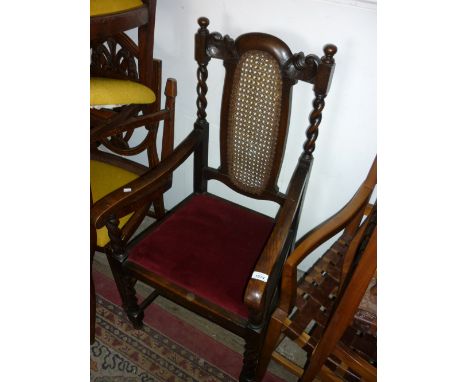 1930's Oak open elbow chair together with a pair of teak ladder back elbow chairs