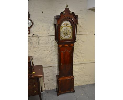 George III mahogany longcase clock, the broken arch hood with swan neck pediment and brass ball finial above an arched door f