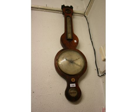 George III mahogany and line inlaid banjo shaped wheel barometer / thermometer