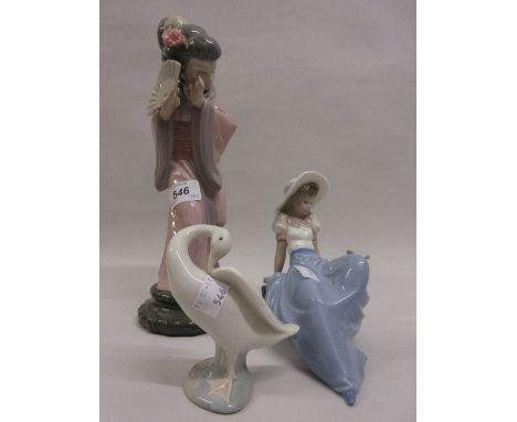 Lladro figure of an oriental girl, Nao figure of a reclining girl with bird and a Lladro figure of a goose