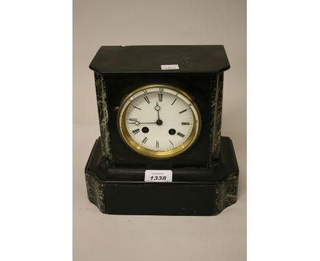 19th Century Belgian slate and green flecked marble mantel clock having circular enamel dial with Roman numerals and two trai