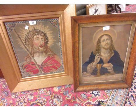 Gilt framed needlework of Christ with thorns, gilt framed and another maple and gilt framed coloured print of Christ taking b