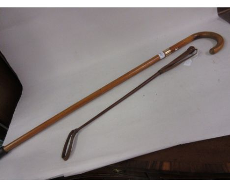 9ct Gold mounted Malacca walking stick together with a leather riding crop
