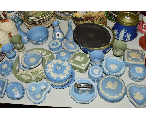 A QUANTITY OF WEDGWOOD JASPERWARES ETC, to include Wedgwood Black Basalt cabinet plate, biscuit barrel, having EPNS rim and c