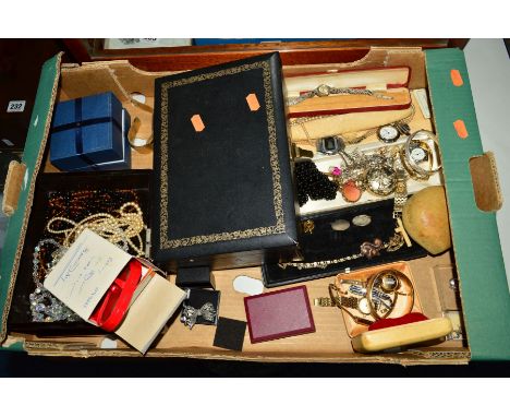 A BOX OF COSTUME JEWELLERY AND WATCHES, to include watches by Citizen, Rotary, Timex, Sekonda, together with necklaces, brooc