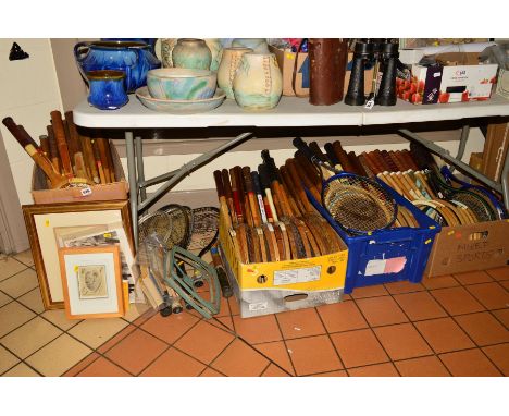 A QUANTITY OF TENNIS RELATED MEMORABILIA ETC, to include a Wilson tapered Beam racket with Hammertec strings and cushion aire