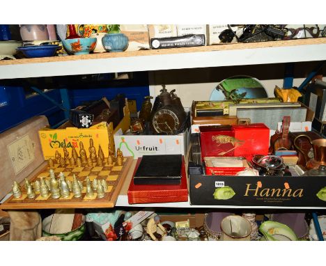 FOUR BOXES AND LOOSE MISCELLANEOUS ITEMS, including metalware, boxes, books (J.McGregor - Richardson 'Household Physician), g