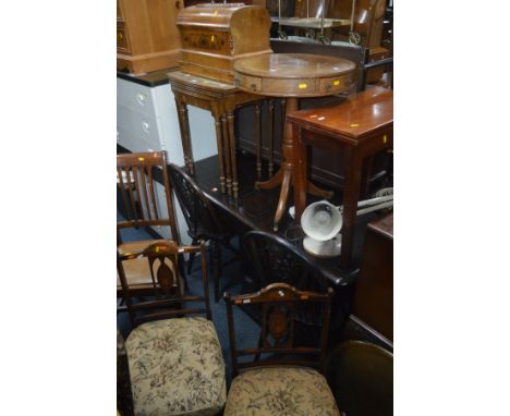 A MAHOGANY NEST OF THREE TABLES, walnut drum table, walnut cased sewing machine, small walnut fold over card table, a pair of