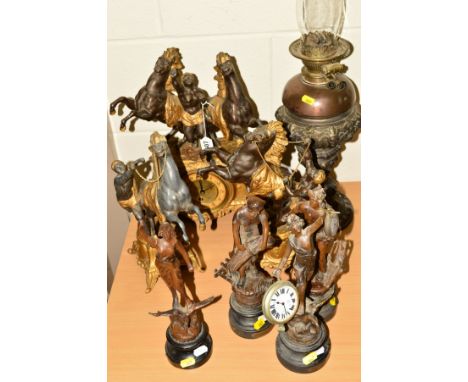 A GILDED SPELTER GARNITURE MANTEL CLOCK, with 'The Four Seasons' spelter holders of time pieces, (one a/f) including two pock