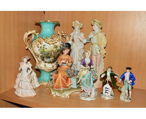 NINE VARIOUS PORCELAIN/BISQUE FIGURES/VASE, to include three Sitzendorf depicting gentleman with dog, gentleman with bird cag