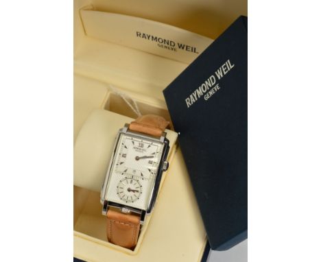 GENTS RAYOND WEIL JUBILEE 1997 RECTANGULAR QUARTZ WRISTWATCH, silvered dial with Roman and baton markers with a second dial b