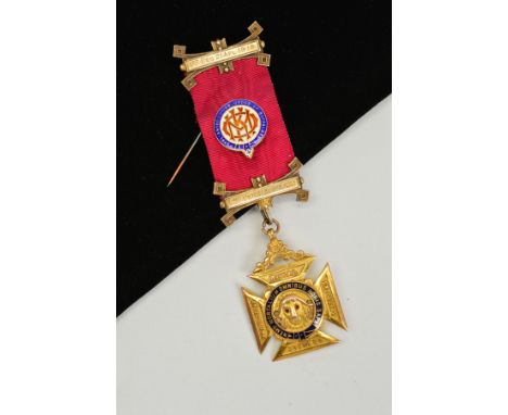A 9CT GOLD MASONIC MEDAL, for the Royal Antediluvian Order Of The Buffaloes, with enamel detail, suspended from a ribbon engr