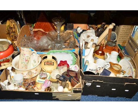 THREE BOXES OF SUNDRY ITEMS to include a salt glazed pewter lid jug, Copeland Spode ceramic spirit bottles, Dr Nelson's Impro