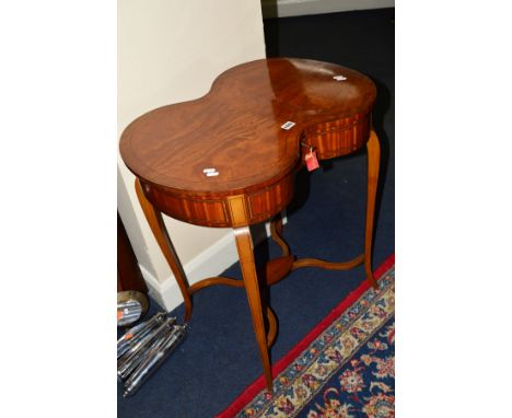 A 19TH CENTURY MAHOGANY AND WALNUT, EBONY STRUNG DOUBLE KIDNEY SHAPED WORK TABLE, the hinged top revealing two compartments, 