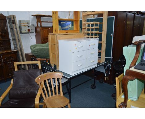 A MODERN BEECH DROP LEAF KITCHEN TABLE, together with a pair of modern white three drawer bedside chests, beech ikea brown le