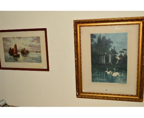 TWO FRENCH DRYPOINT ETCHNGS, the first is by G.Charpentier and depicts flamingos in a lake by moonlight, signed to the margin