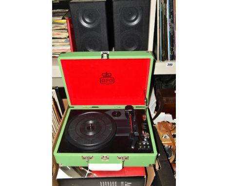 A BOXED GPO ATTACHE RETRO RECORD PLAYER, with USB facility and a pair of GPO PR200 speakers