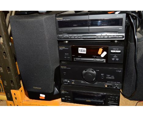 A TECHNICS COMPONENT HI FI comprising of a cassette deck, tuner, amp and CD player, together with two speakers and a pair of 