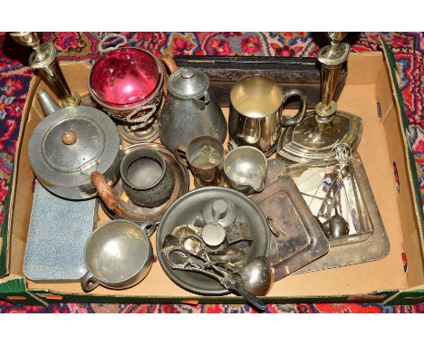 A BOX OF SILVER AND PLATE including Tudric pewter teawares, a pair of George III silver bright cut sugar tongs, an Elizabeth 