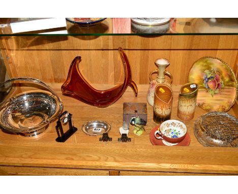 A QUANTITY OF CERAMICS, GLASS AND METALWARE, to include an Elkington EPNS pierced basket, pair of Poole Pottery vases, ref 58