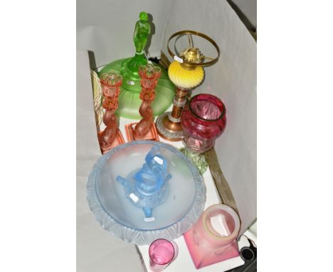 A COLLECTION OF GLASS to include a Walther and Sohne blue pelican table centrepiece, complete, green uranium glass semi nude 