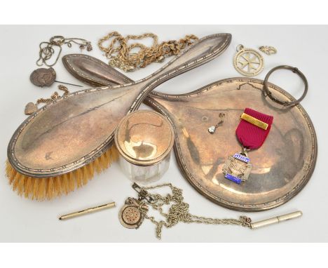 A SELECTION OF SILVER AND WHITE METAL JEWELLERY, the jewellery to include a hinged child's bangle, two medals, a pair of earr