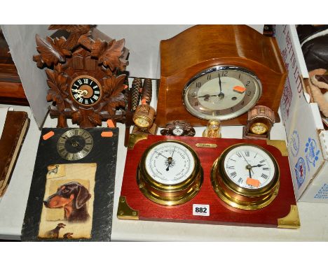 AN ENFIELD MANTEL CLOCK, a Bentima quartz clock and barometer, a Black Forest cuckoo clock along with five further time piece