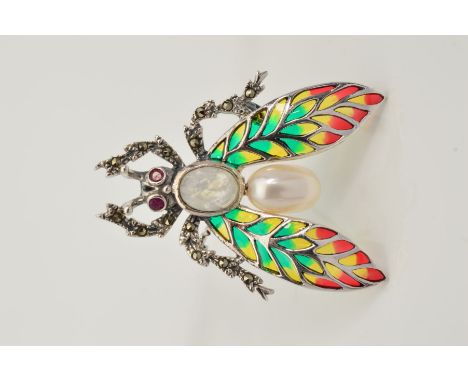 A PLIQUE-A-JOUR, MARCASITE AND GEM FLY BROOCH/PENDANT, with plique-a-jour wings, ruby eyes, moonstone and cultured pearl body