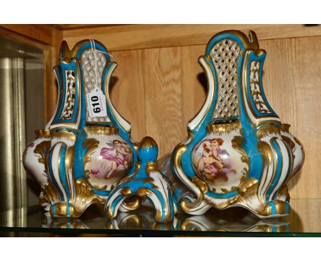 A PAIR OF MEISSEN STYLE SENSOR BURNERS, both having pierced chimneys, light wear to some of gilding decoration, approximate h