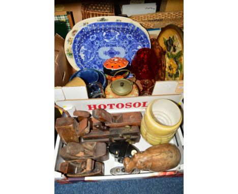 TWO BOXES OF CERAMICS, GLASS AND WOODWORKING TOOLS, etc to include large floral meat platter, blue and white pierced rim Iron