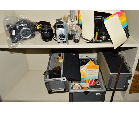 AN ALUMINIUM CAMERA CASE CONTAINING A NIKON D80, (needs attention), a Tamron 28-80mm lens, two Cine Cameras and a Polaroid ca