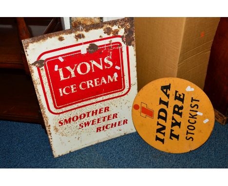 A VINTAGE ENAMEL SIGN, reading Lyons Ice Cream, 45.5cm x 61cm, together with another sign reading India Tyre Stockist (2)
