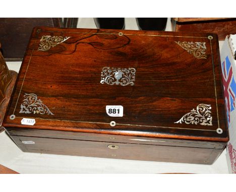 A VICTORIAN ROSEWOOD WRITING SLOPE, inlaid with mother of pearl, width 40cm x depth 25cm x height 12.5cm, both inkwells prese