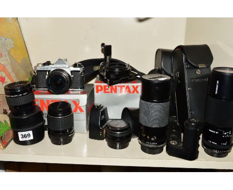 A PENTAX ME SUPER FILM SLR CAMERA, fitted with a 28mm f2.8 lens, a ME winder 2 and original box, a SMC M 135mmf3.5 lens, a SM